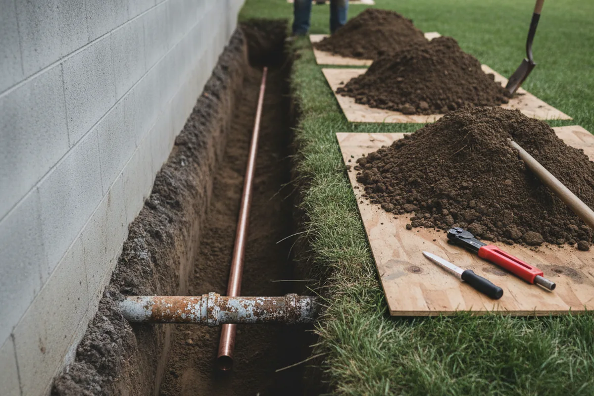 Excavated water line trench during Water Softener Installation in Howard